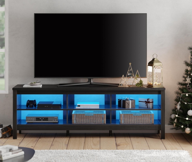 Black LED TV Stand with Six Storage Cubbies and Blue Lighting