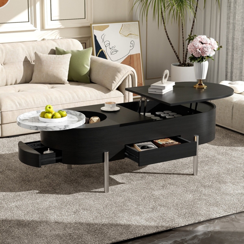 Black Lift Top Coffee Table with Rotating Marble Tray