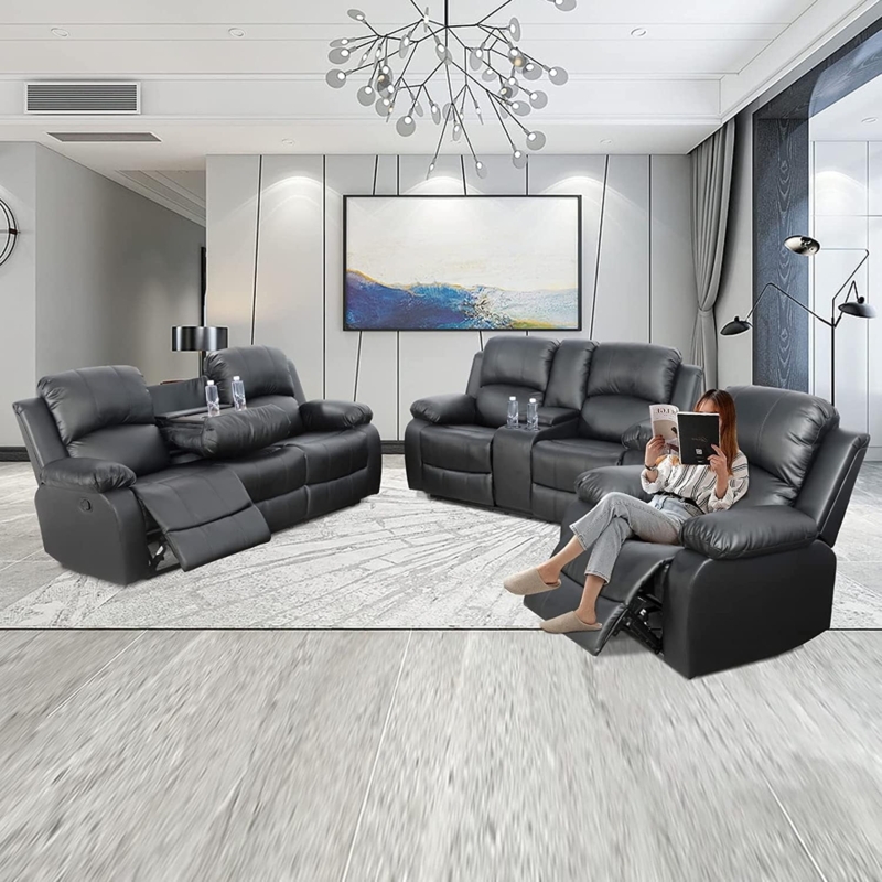Black Manual Reclining Set with Cup Holders and Drop Down Tray