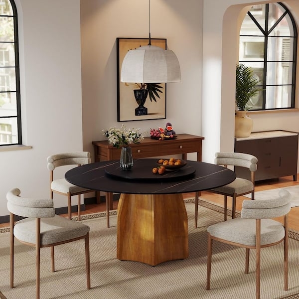 Black Marble Round Dining Table with Faceted Wood Base