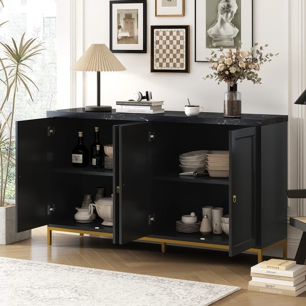 Black Marble Top Sideboard with Gold Metal Frame Base