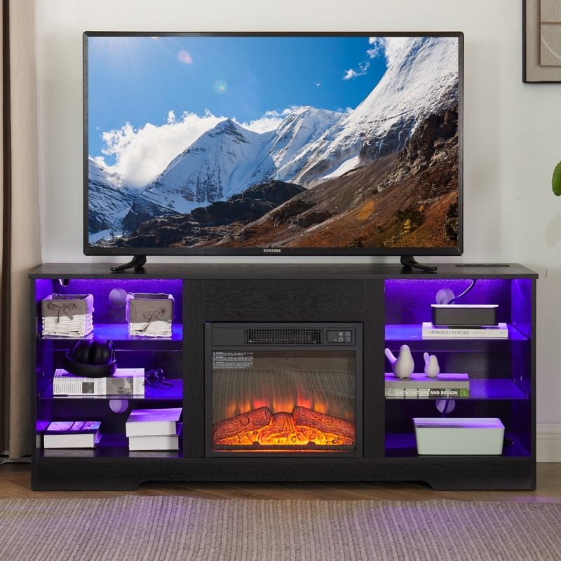 Black Media Console Purple LED Backlighting Glass Shelves Fireplace