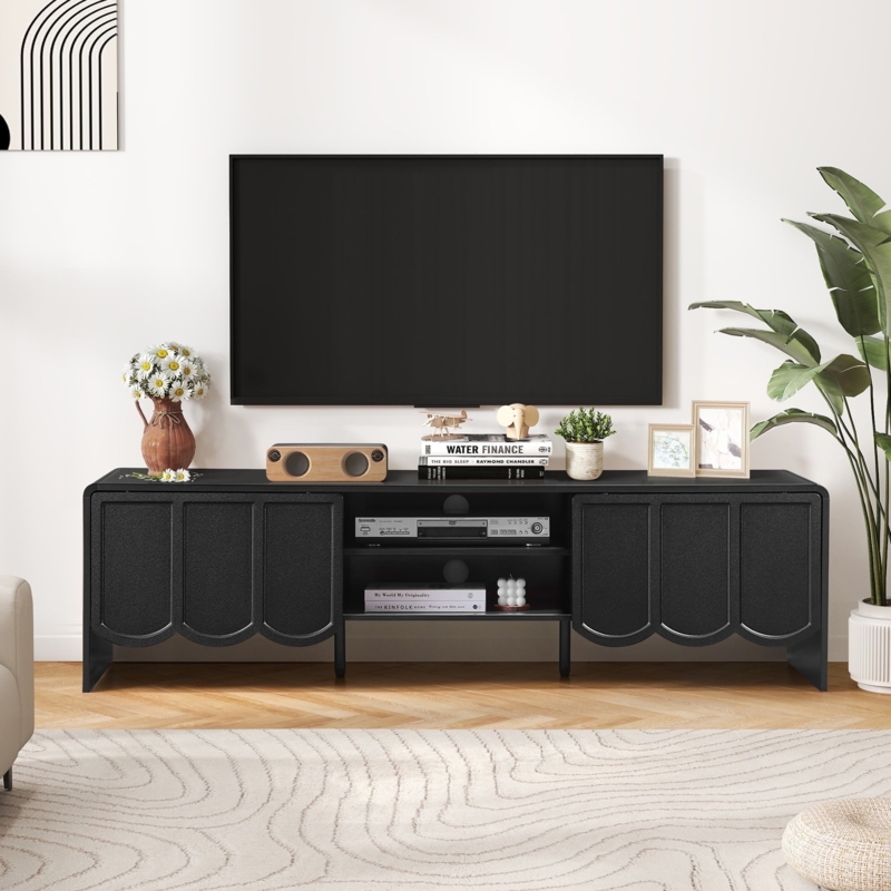 Black Media Console with Unique Scalloped Sliding Doors