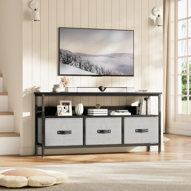 Black Metal TV Stand Slim Frame Media Console with Storage Bins