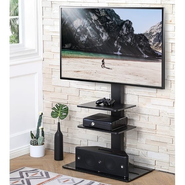 Black Metal TV Stand with Integrated Swivel Mount and Glass Shelves
