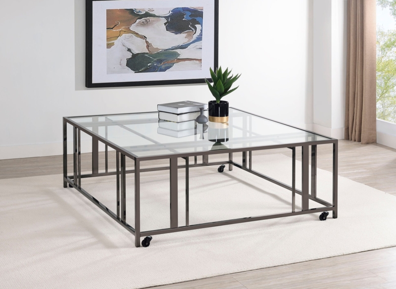 Black Nickel Square Glass Coffee Table on Caster Wheels Industrial Style