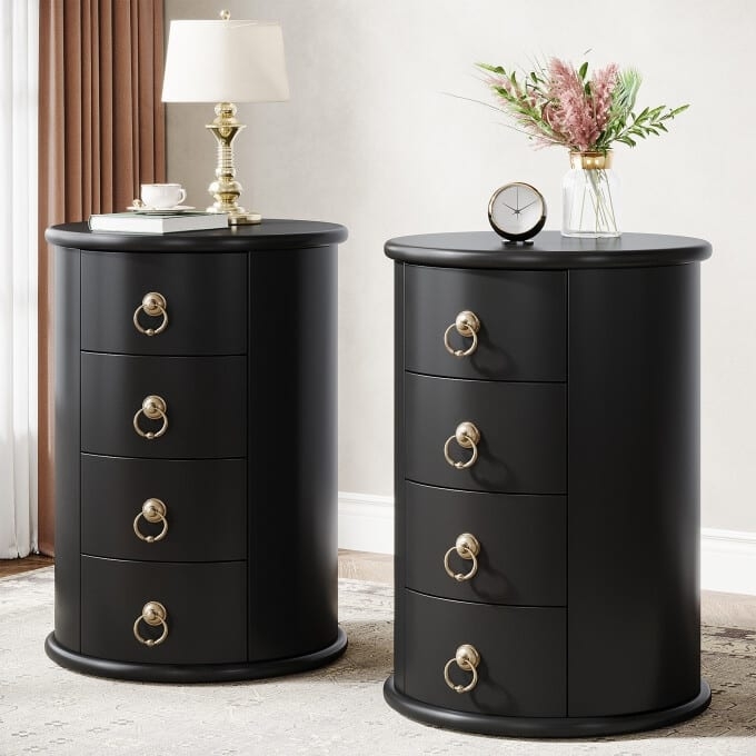 Black Nightstand Cylindrical Shape Four Drawers Gold Ring Pulls