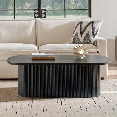 Black Oval Coffee Table with Fluted Tambour Base Design
