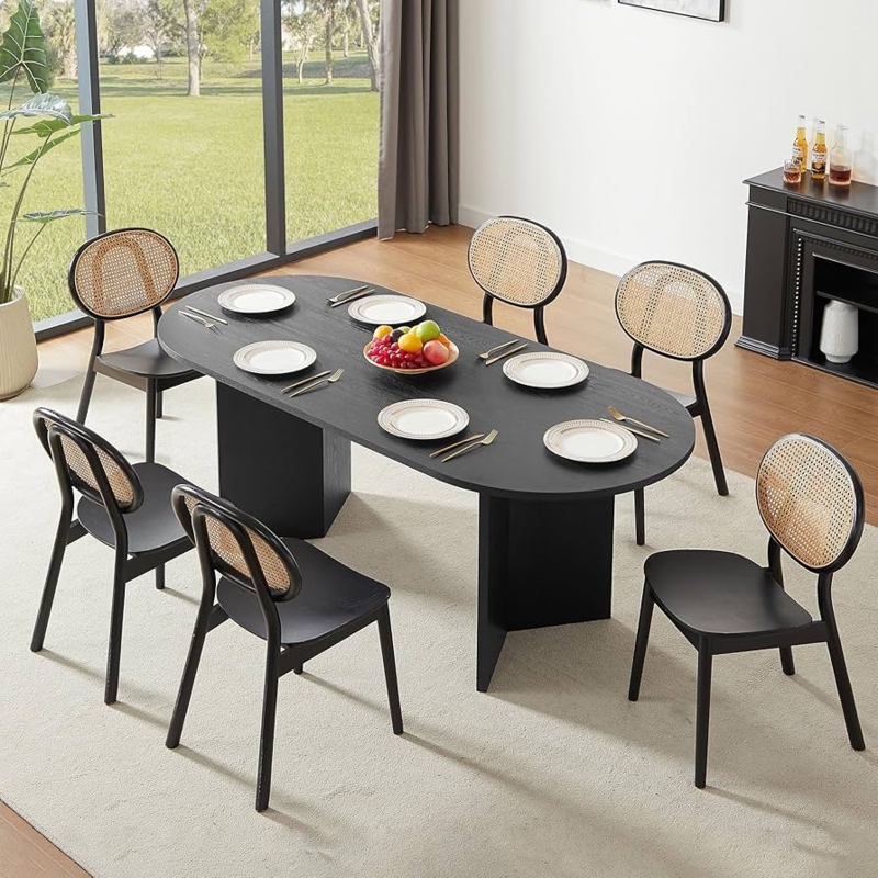 Black Oval Dining Table Cane Back Chairs Double Pedestal Base