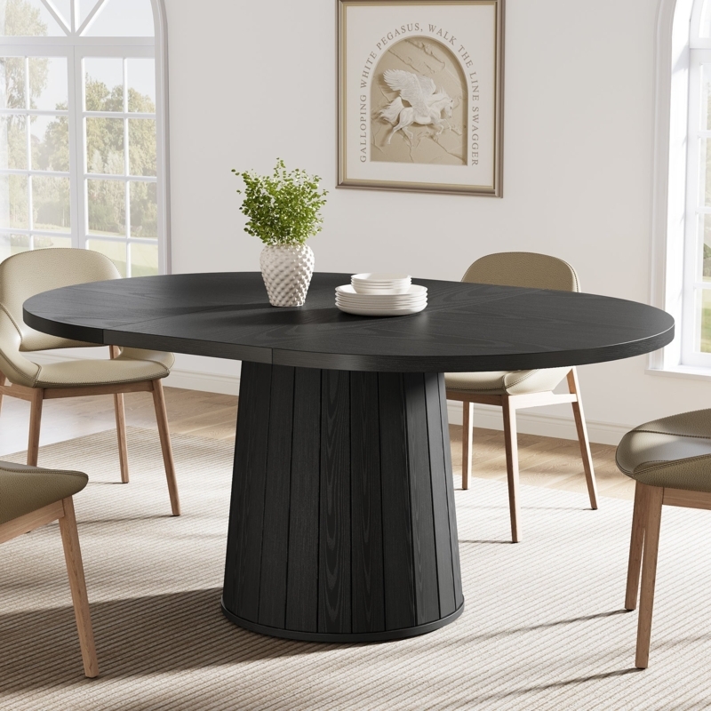 Black Oval Dining Table with Fluted Pedestal and Wood Grain Finish