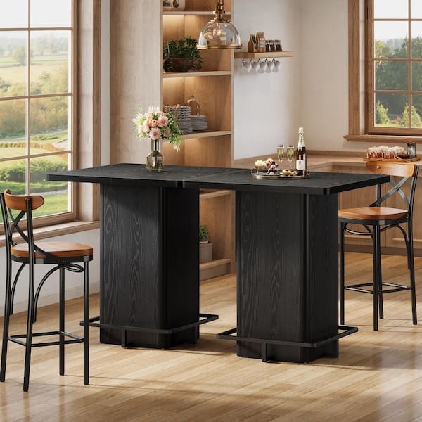 Black Pedestal Bar Table Dual Base with Integrated Metal Footrest Rail