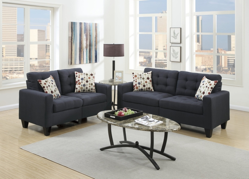 Black Polyfiber Sofa Set Button Tufted Back Track Arms Transitional