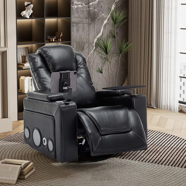 Black Power Recliner with Tablet Holder Arm and Built-in Speakers.