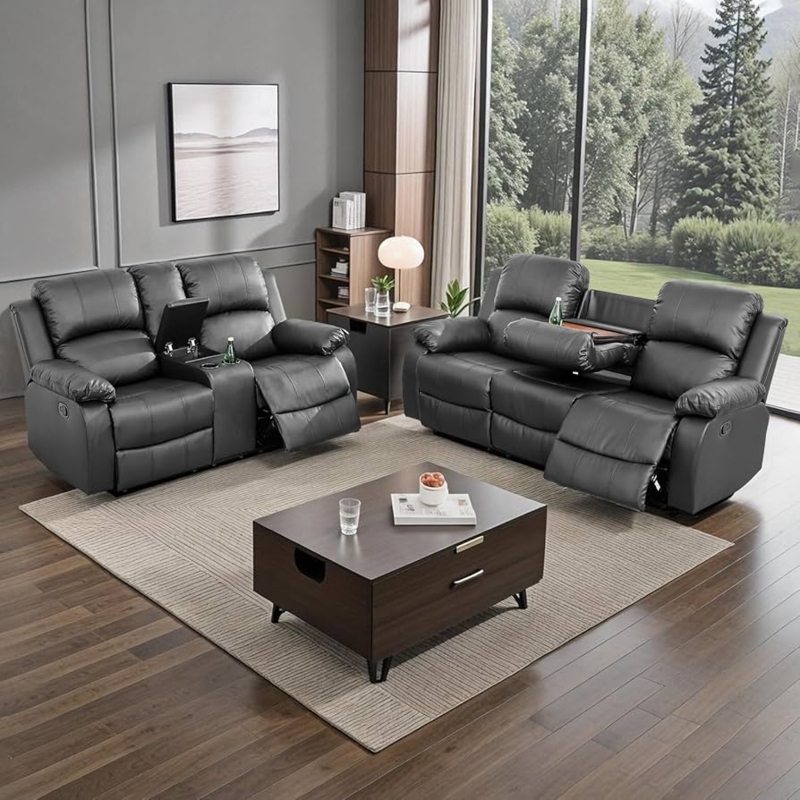 Black Reclining Sofa Set with Drop Down Tray and Cup Holders