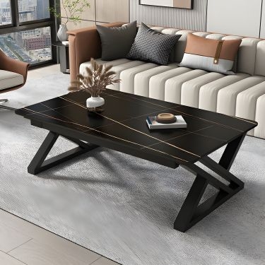 Black Rectangular Coffee Table with Z-Shaped Legs and Gold Linear Inlay
