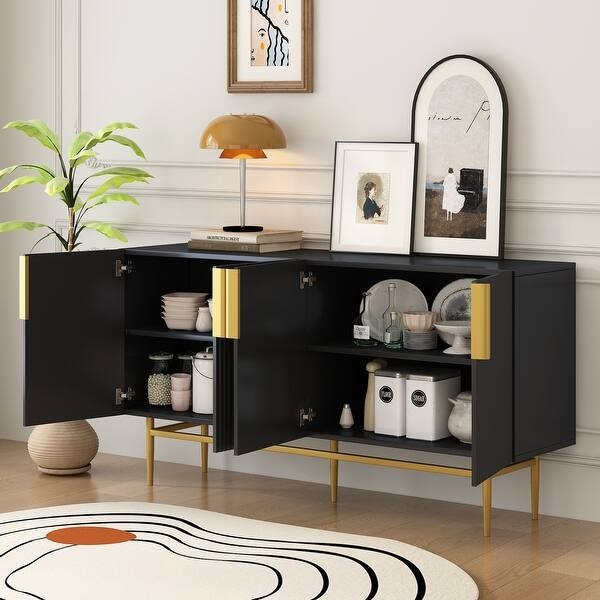 Black Ribbed Cabinet on a Gold-Toned Metal Frame Base