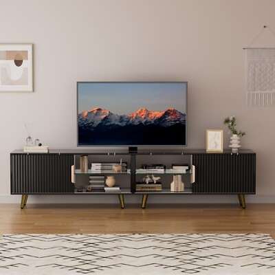 Black Ribbed TV Stand with Gold Toned Legs