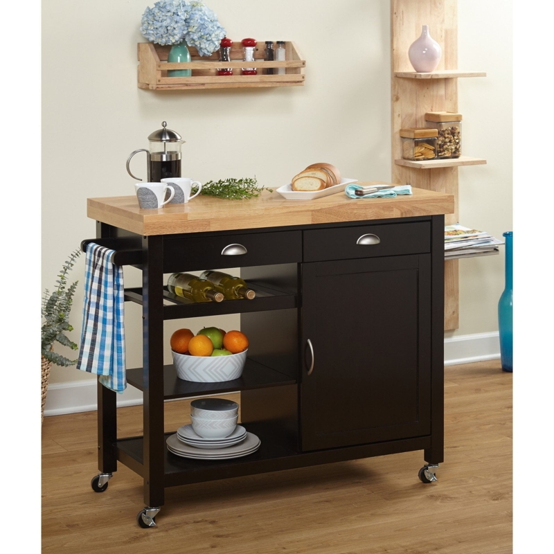 Black Rolling Kitchen Island Butcher Block Top with Wine Storage Shelf
