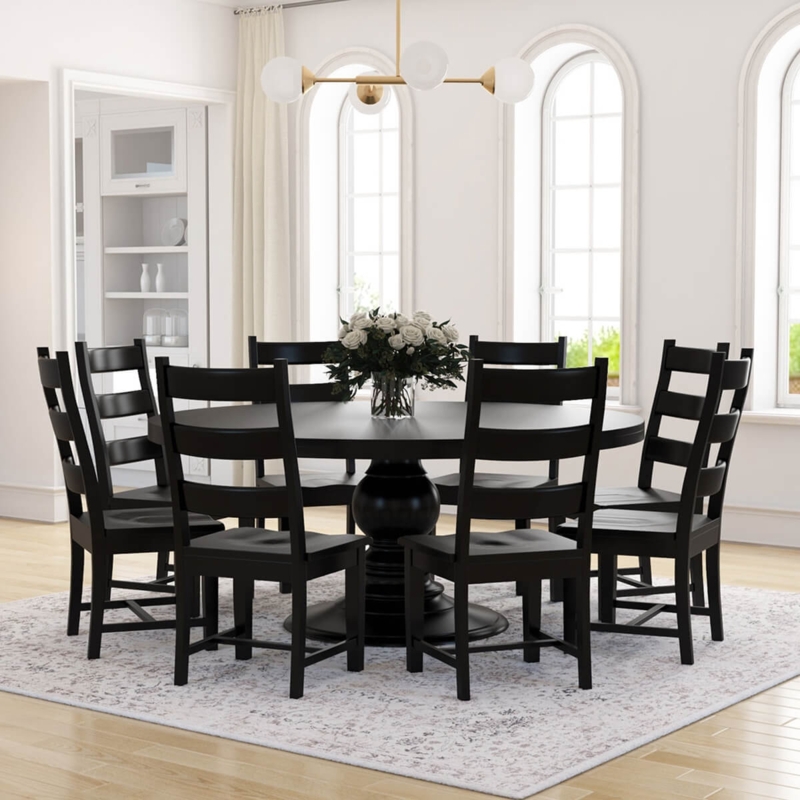 Black Round Dining Set: 8 Seater Turned Pedestal Table, Matte Finish Chairs
