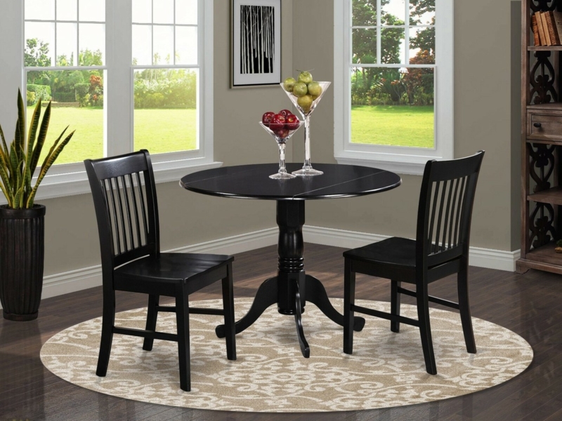 Black Round Dining Set Drop Leaf Table Slat Back Chairs Pedestal Base
