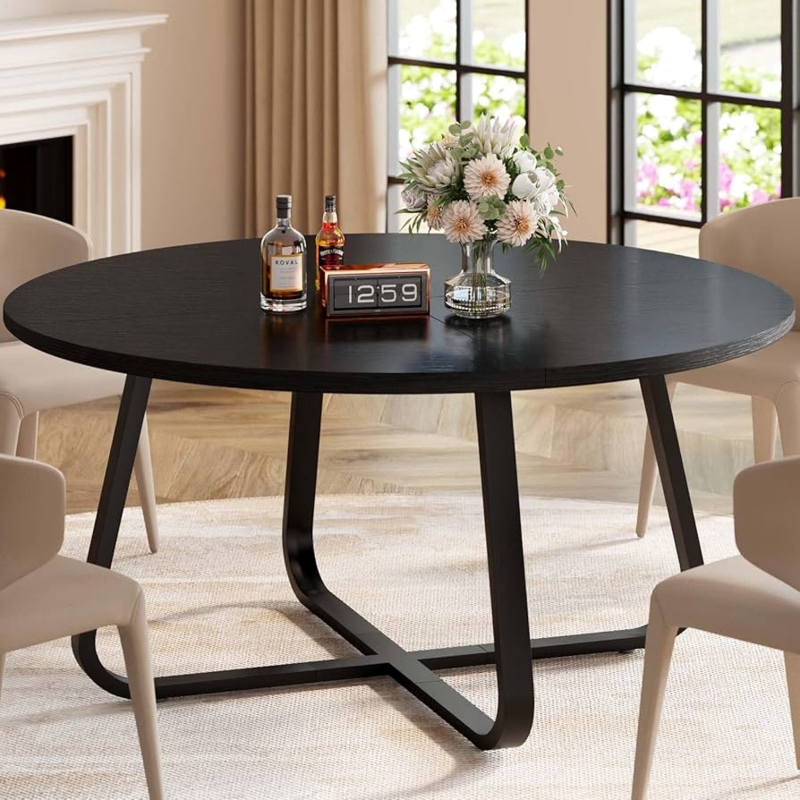 Black Round Dining Table, Contemporary Cross Pedestal Base, Matte Oak