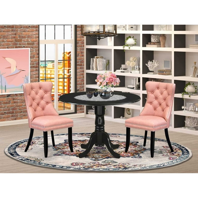 Black Round Dining Table Pink Tufted Chairs Silver Nailhead Trim Glam