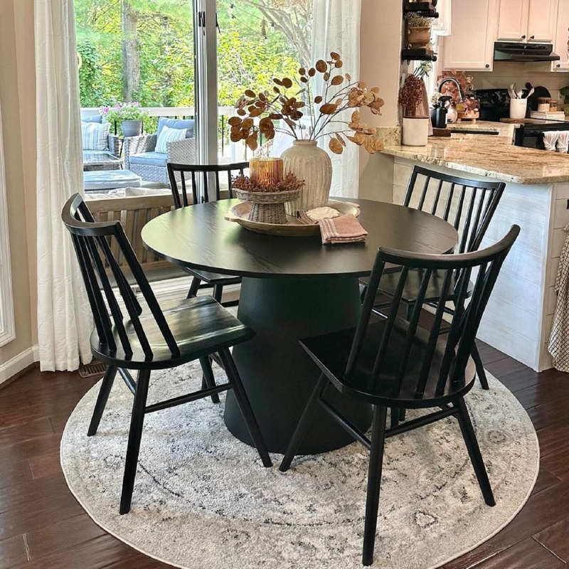 Black Round Dining Table with Spindle Back Chairs Modern Farmhouse.