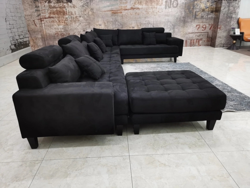 Black Sectional Sofa Modular Adjustable Headrests Tufted Ottoman Set