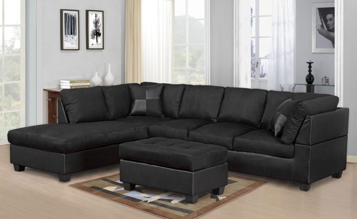 Black Sectional Sofa Set with Tufted Ottoman and Chaise Lounge