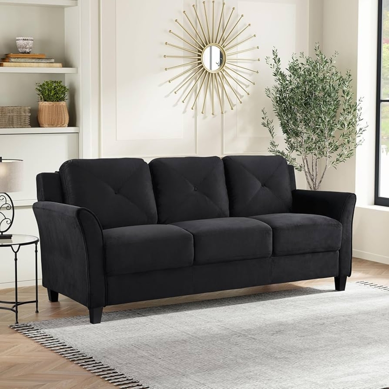 Black Sofa featuring X-Stitched Back Cushions and Flared Arms