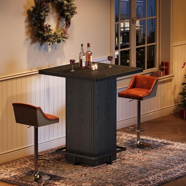 Black Square Bar Table Chunky Wood Grain Base Integrated Footrest Rail