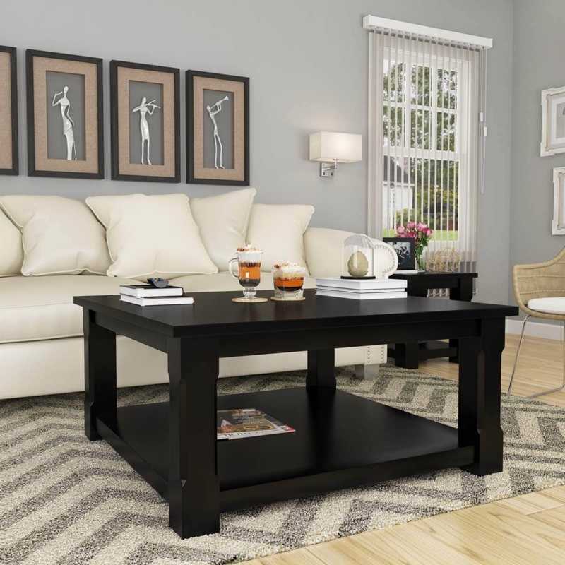Black Square Coffee Table Two Tier Storage Shelf Matte Finish