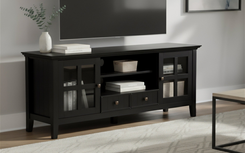 Black Transitional TV Stand with Mullion Glass Doors and Storage Drawers
