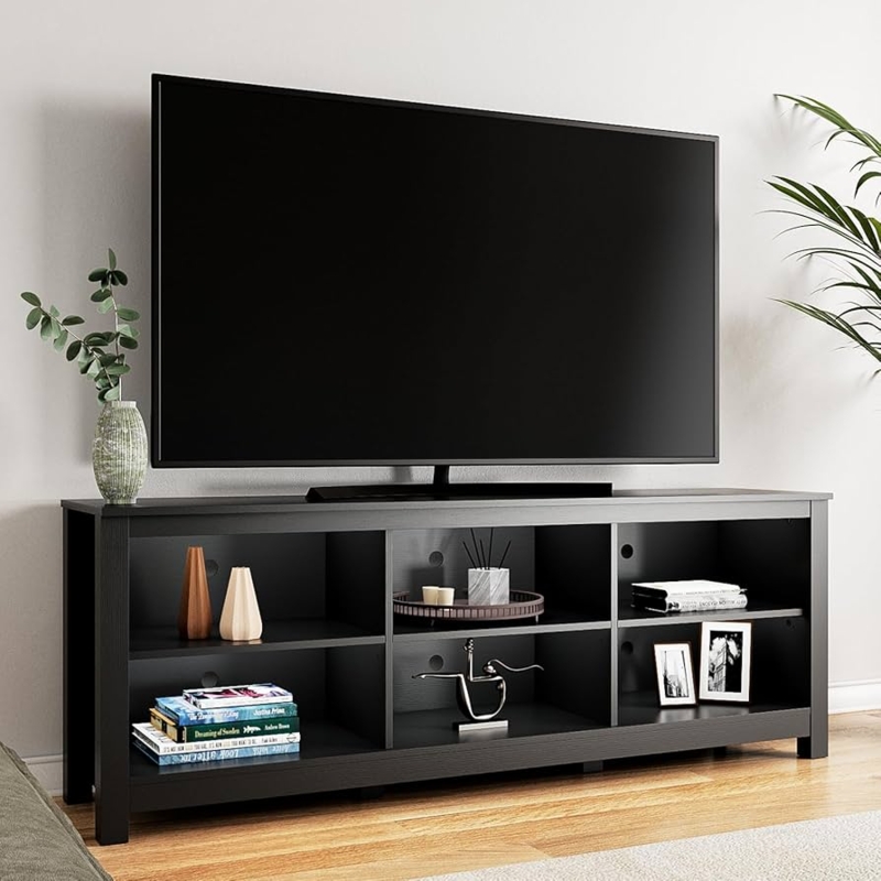 Black TV Stand 6-Cubby Layout Matte Finish Open Back Shelving