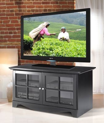 Black TV Stand Mullion Glass Doors Curved Base