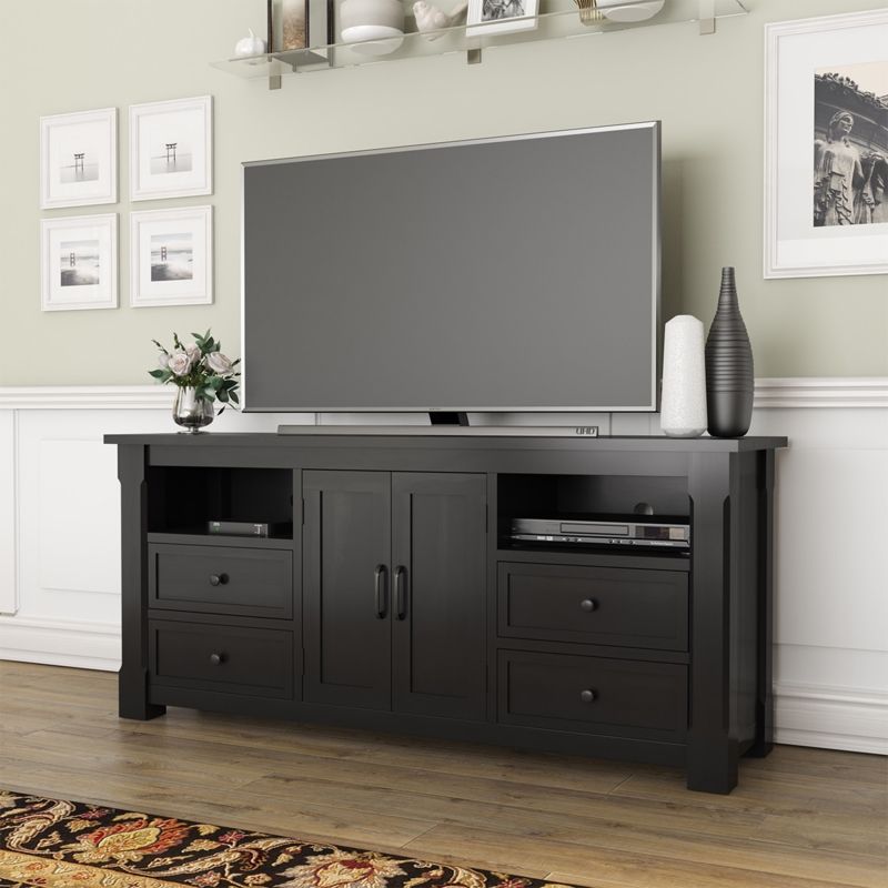 Black TV Stand Symmetrical Layout Four Drawers and Integrated Shelves