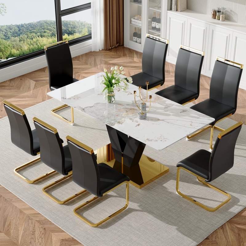 Black V-Shaped Pedestal Dining Set with Gold Cantilever Chairs