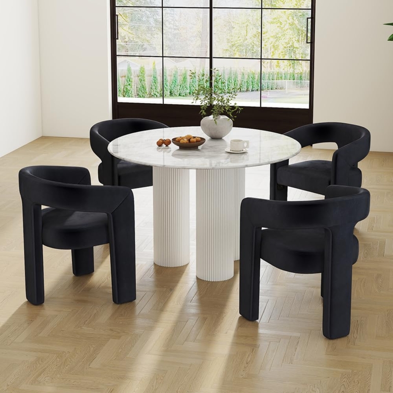 Black Velvet Barrel Chairs with Fluted Base Dining Table