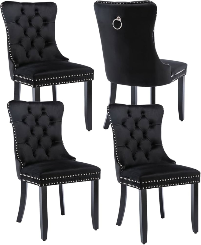 Black Velvet Diamond Tufted Dining Chairs with Silver Nailhead Trim