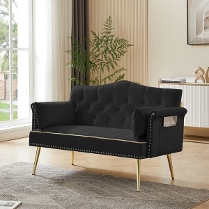 Black Velvet Loveseat with Gold Legs and Side Pocket