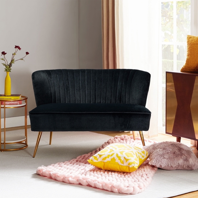 Black Velvet Loveseat with Vertical Channel Tufting