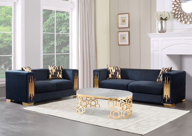 Black Velvet Sofa Set with Gold Trim and Honeycomb Coffee Table