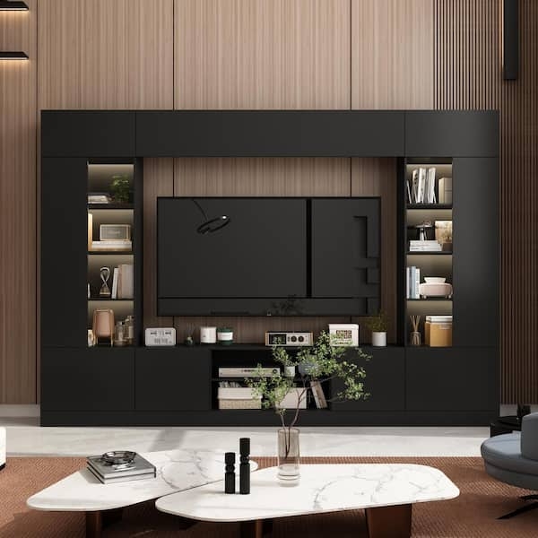 Black Wall Unit with Integrated Shelf Lighting and Wood-Toned Panels