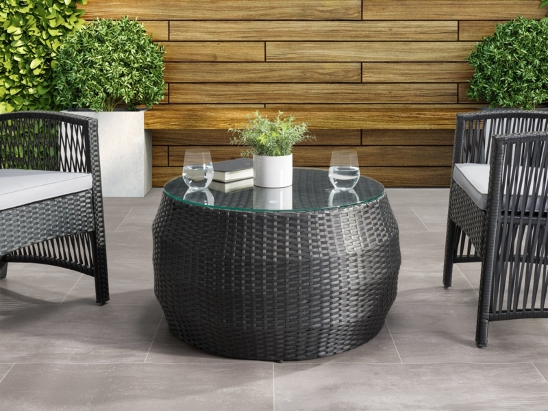 Black Wicker Drum Coffee Table with Glass Top, Modern Outdoor