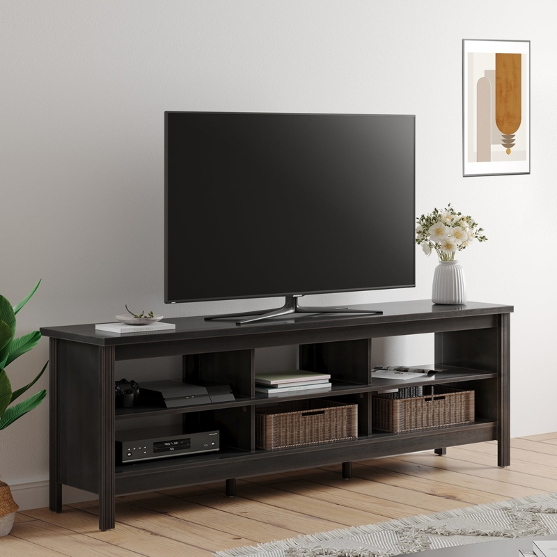 Black Wide TV Stand with Integrated Woven Baskets and Open Shelving