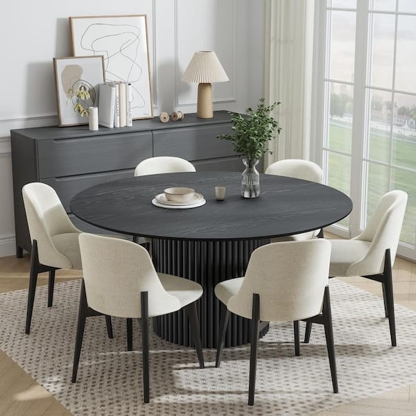 Black Wood Dining Table Round Ribbed Pedestal Base Cream Chairs