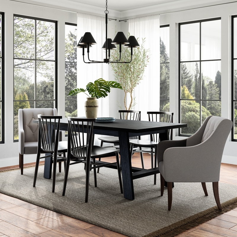 Black Wood Dining Table with Spindle Back and Upholstered Mixed Seating
