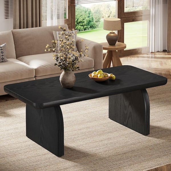 Black Wood Grain Coffee Table Rounded Corners Slab Legs Minimalist