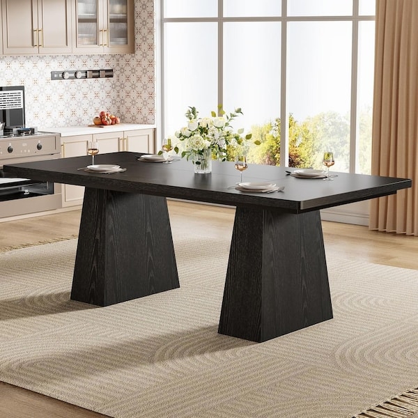 Black Wood Grain Dining Table with Heavy Duty Pedestal