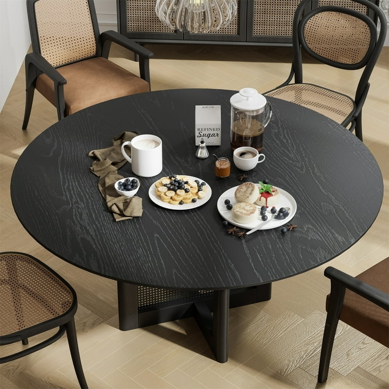 Black Wood Grain Round Dining Table with Cane Inlay Cross Base